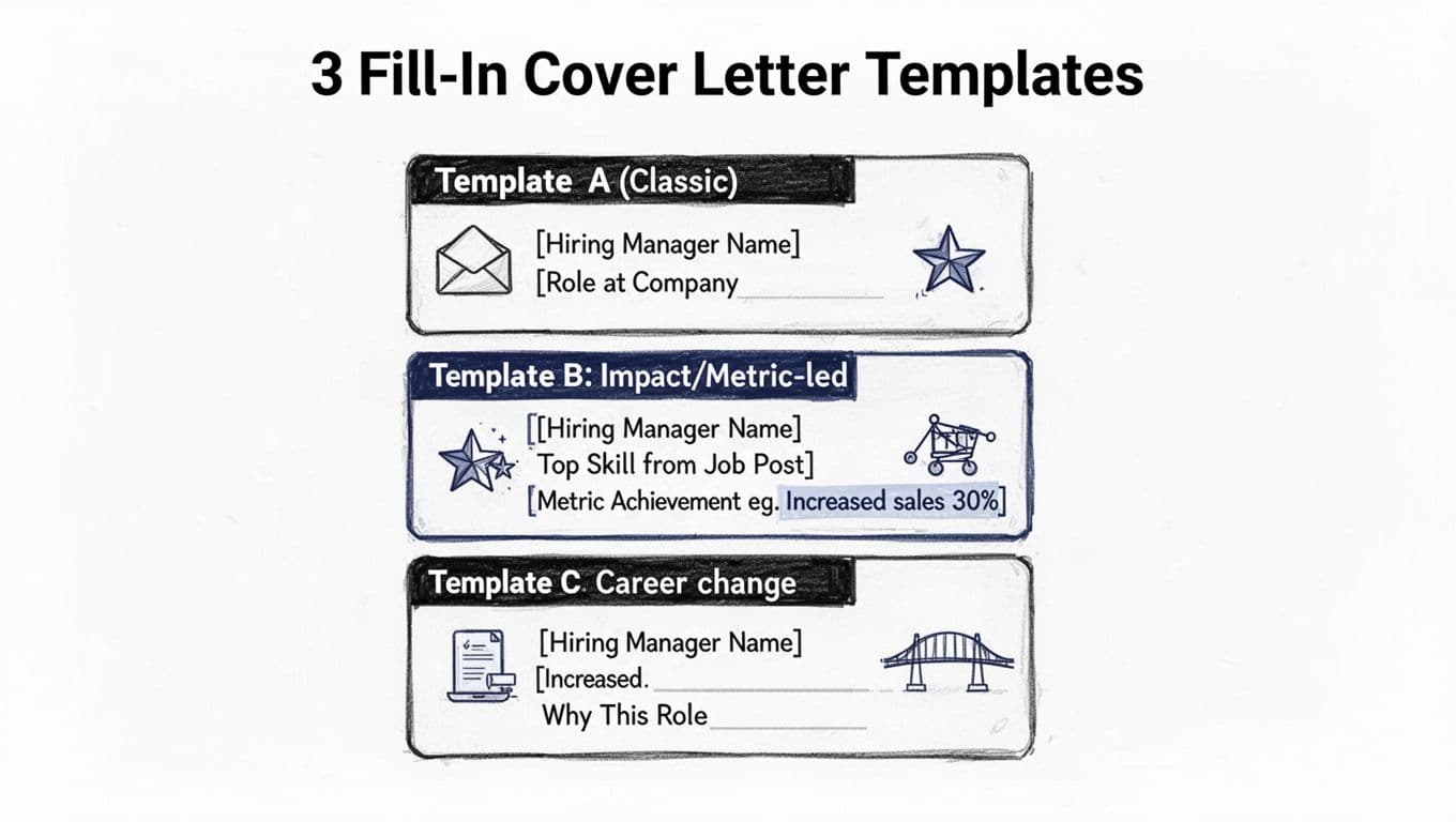 Minimalist hand-drawn line art infographic showing three stacked cover letter templates: Classic, Impact/Metric-led, and Career Change, with placeholder fields, simple icons, and clean white background.
