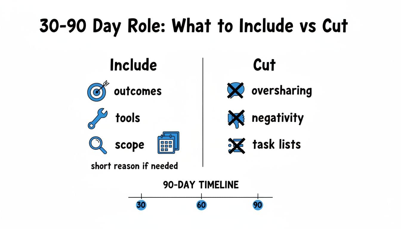 Hand-drawn minimal editorial illustration in black ink linework with flat blue accents on white background, featuring a two-column checklist for 30-90 day roles—Include (outcomes, tools, scope) vs Cut (oversharing, negativity, task lists)—with icons, checkmarks, X marks, and a bottom 90-day timeline bar.