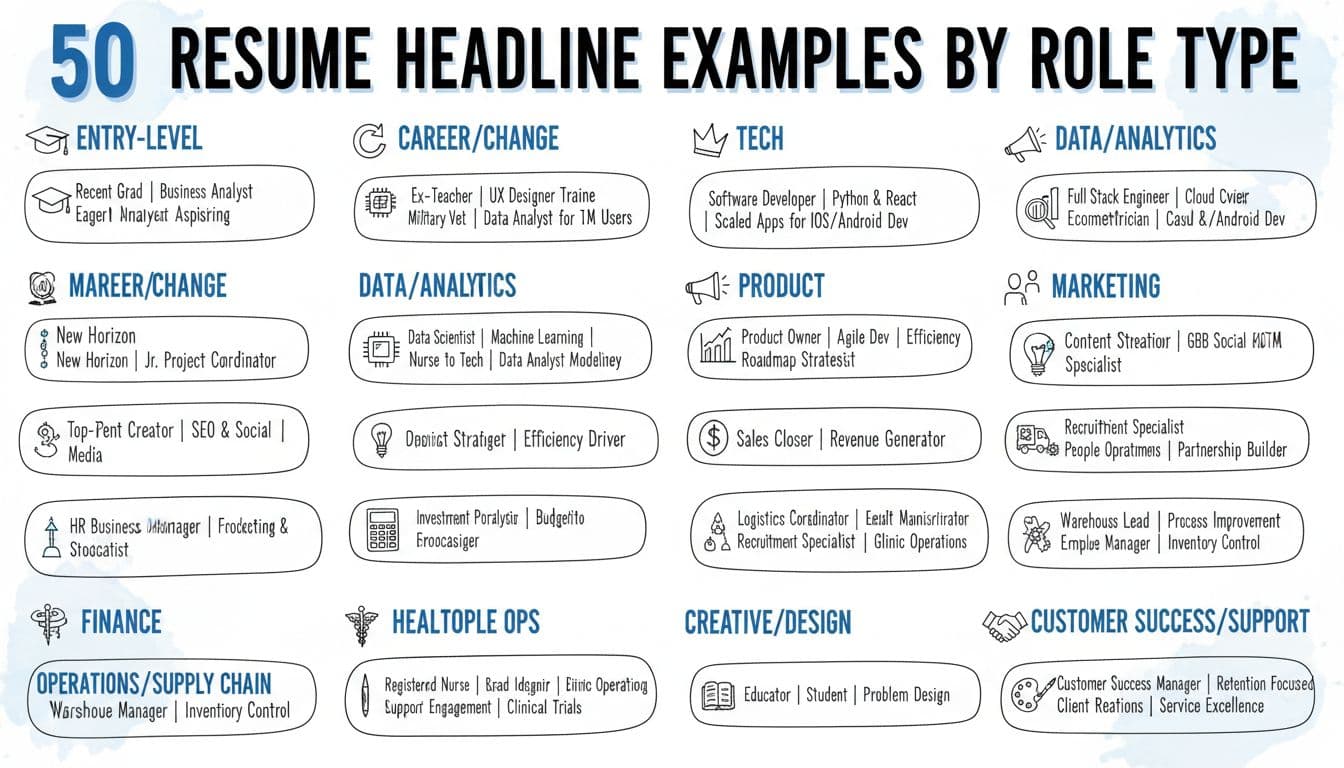 Hand-drawn infographic showcasing 50 resume headline examples categorized by role types like Tech, Marketing, and Finance, featuring black ink linework with blue accents on a white background.