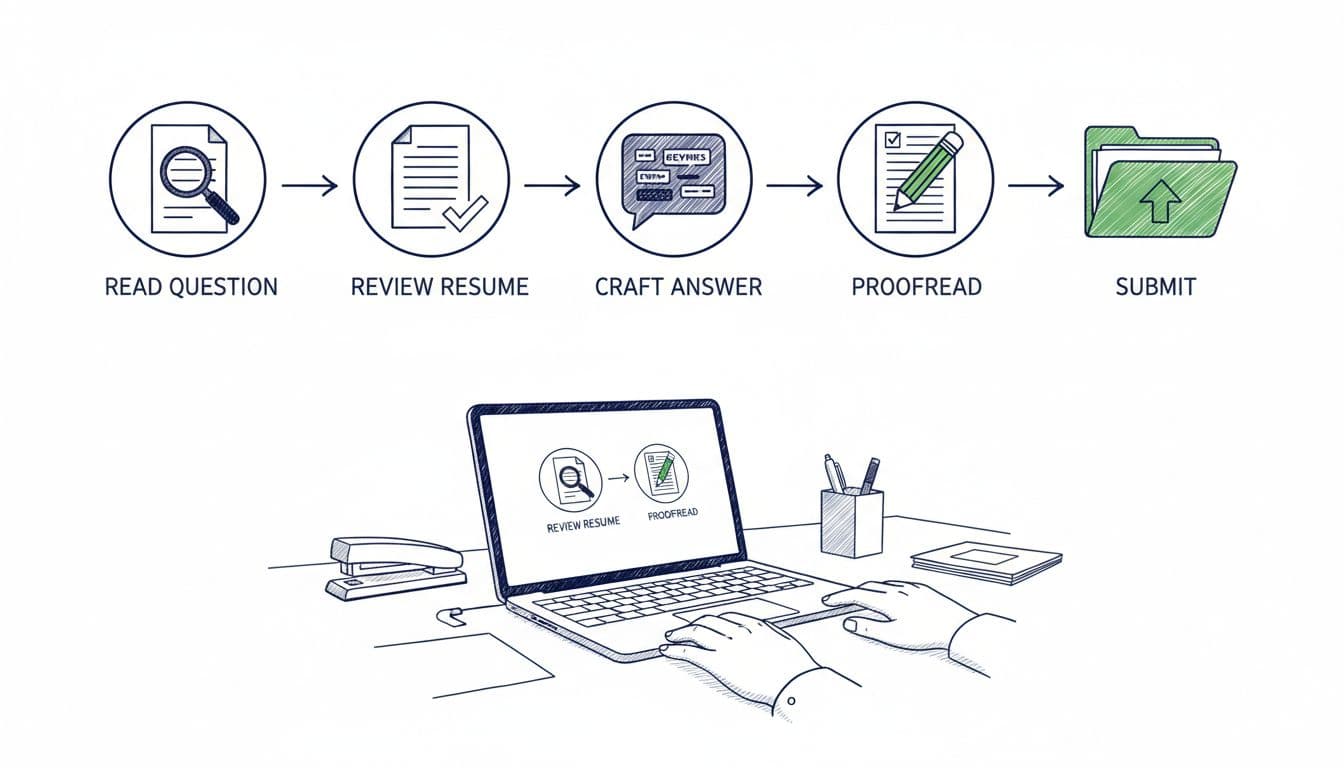 Hand-drawn illustration with crisp linework in blacks and deep blues on white background, showing sequential steps for answering ATS knockout questions: reading question, reviewing resume, crafting answer, proofreading, and submitting, with infographic icons, arrows, and subtle career desk setting.