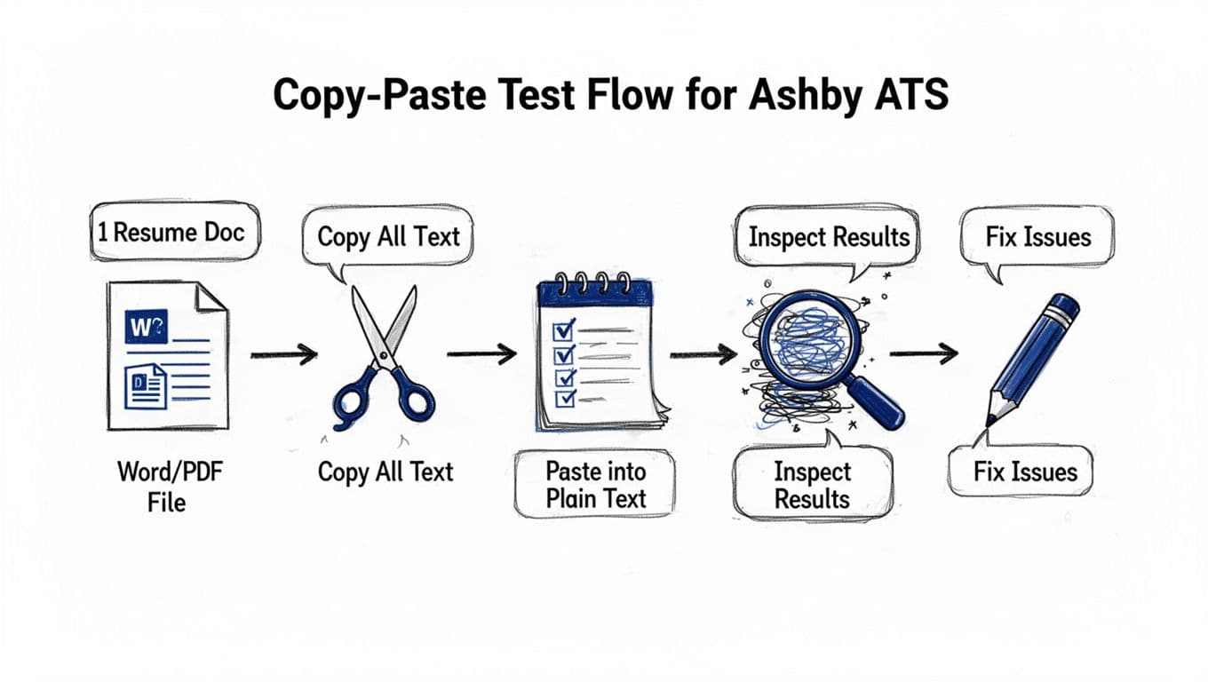 Hand-drawn illustration in black ink linework with deep-blue accents on white background, featuring a minimal high-contrast infographic diagram of the step-by-step copy-paste test flow for Ashby ATS resumes. Horizontal pipeline from resume document icon through copy, paste, inspect, and fix steps with simple icons, arrows, and caption bubbles.