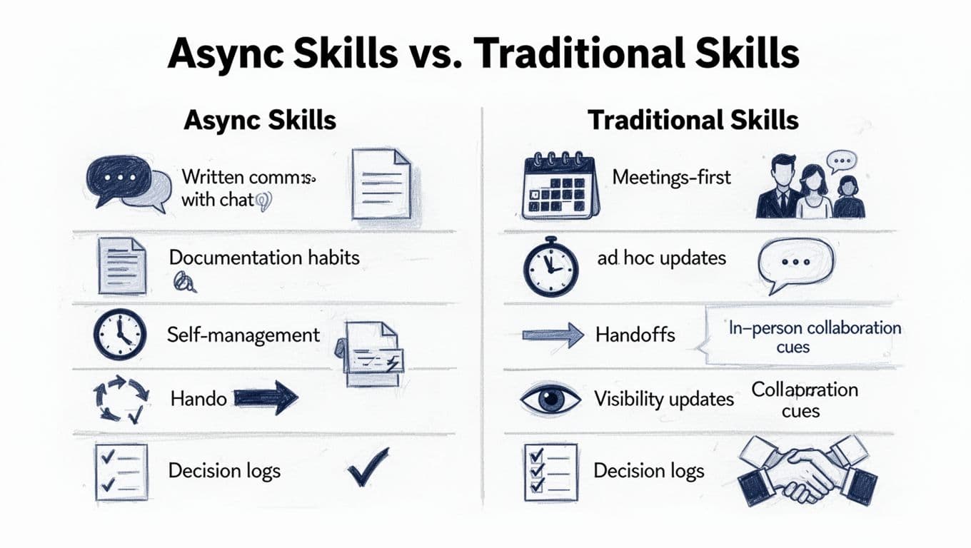 Hand-drawn illustration in a two-column comparison table contrasting Async Skills like written communication and self-management with Traditional Skills such as meetings and ad-hoc updates, using simple icons on a limited black and blue palette.
