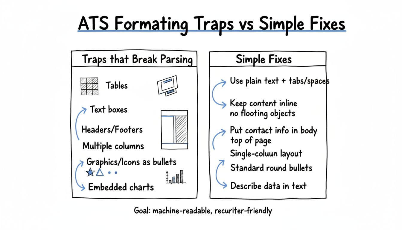Hand-drawn style infographic in a 2-column comparison chart showing common ATS parsing traps like tables and text boxes versus simple fixes like plain text and single-column layouts, with icons and labels for career advice.