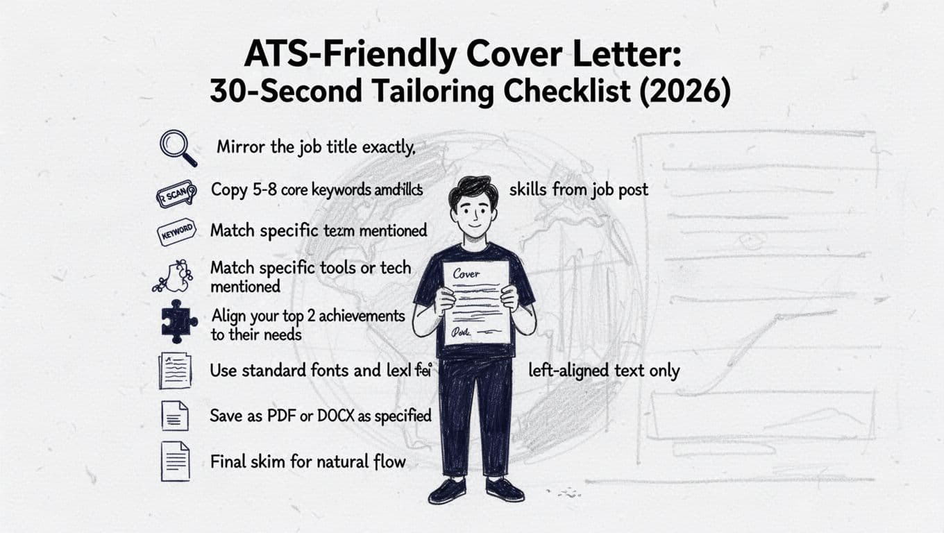 Minimalist hand-drawn line art infographic presenting a 7-step vertical checklist for tailoring ATS-friendly cover letters, featuring simple icons, a central figure holding a document, readable sans-serif typography, and subtle paper texture on a clean white background.