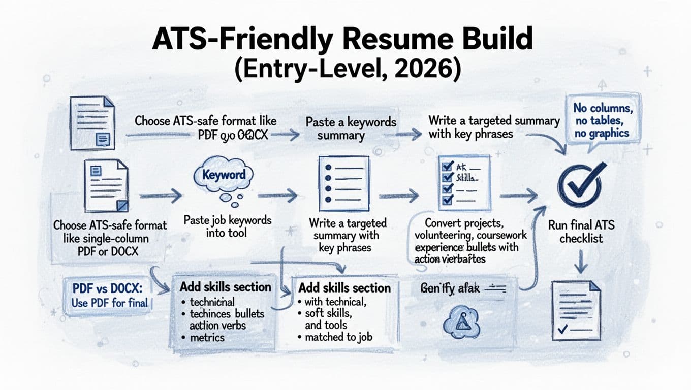 Hand-drawn line art infographic on white background with blacks and blues, featuring a 6-step flowchart for building an ATS-friendly entry-level resume. Includes simple icons for each step like document format, keywords, summary, bullets, skills, and checklist, plus callouts warning against columns, tables, and graphics.