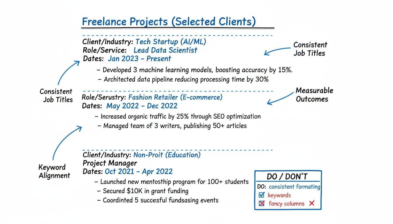 Hand-drawn black and blue ink illustration on white background showing a resume snippet for 'Freelance Projects (Selected Clients)' with sample entries, ATS callouts, and Do/Don't tips in professional editorial sketch style.