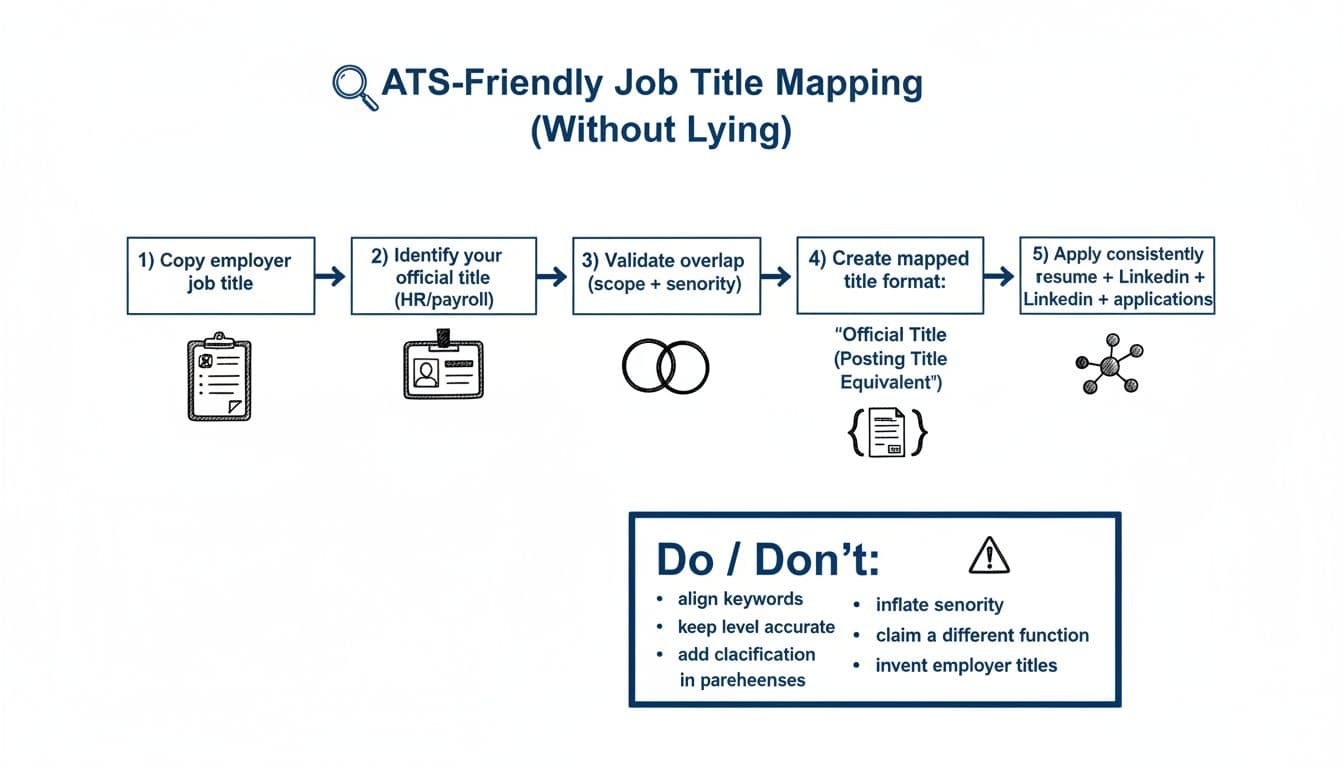 Hand-drawn infographic-style 5-step flowchart guiding ATS-friendly job title mapping without lying, with icons, labels, and Do/Don't tips on a clean white background.