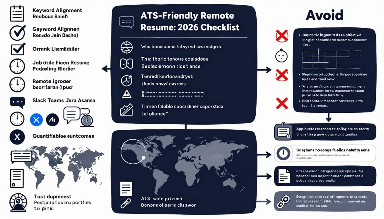 Hand-drawn illustration infographic in black and deep blue on white background, featuring a vertical checklist of 8-10 ATS-optimized items for remote resumes, simple icons, and a right sidebar listing items to avoid like tables and graphics.