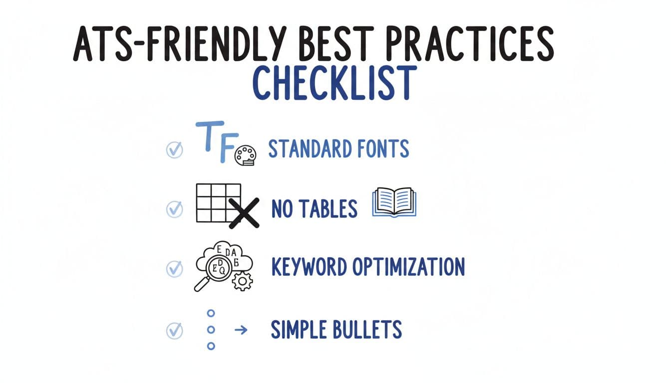 Hand-drawn illustration in blacks and blues on white background showing icons for key ATS resume items like standard fonts, no tables, keyword optimization, and simple bullets. Clean list-style infographic with subtle blue checkmarks for quick reference.