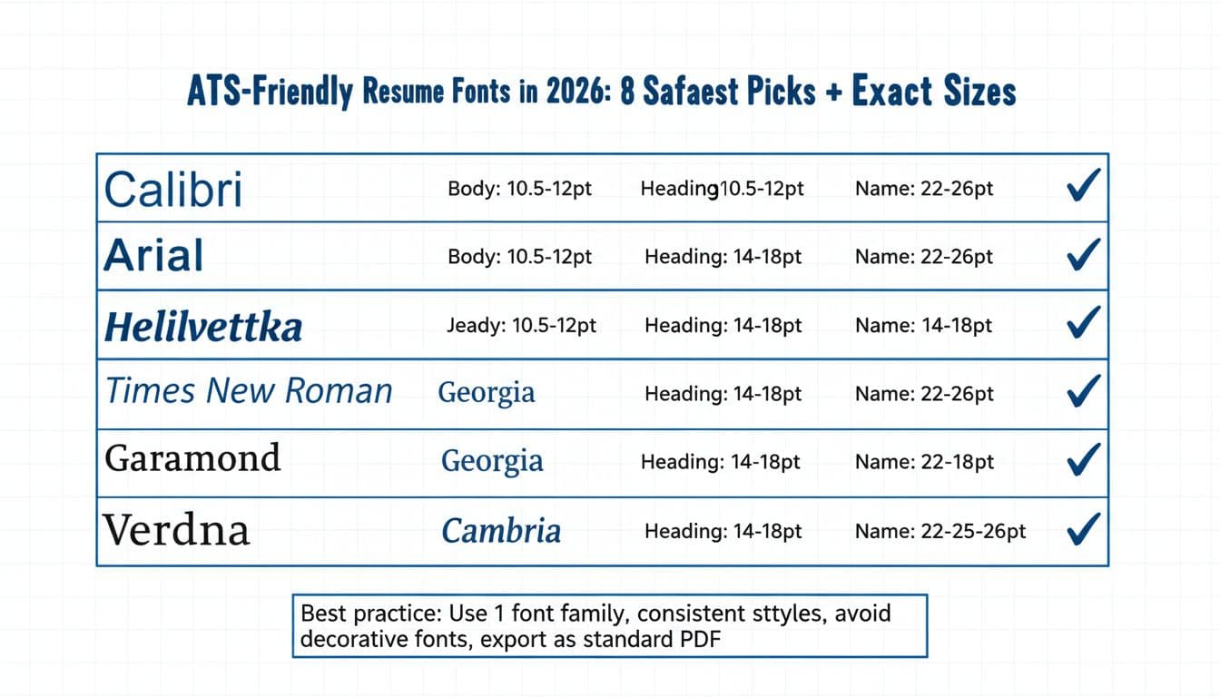 Hand-drawn infographic cheat-sheet in black and deep blue ink on white background, listing 8 ATS-safe fonts (Calibri, Arial, Helvetica, Times New Roman, Georgia, Garamond, Cambria, Verdana) with body sizes 10.5-12pt, headings 14-18pt, names 22-26pt, checkmarks, subtle grid, and best practices note.