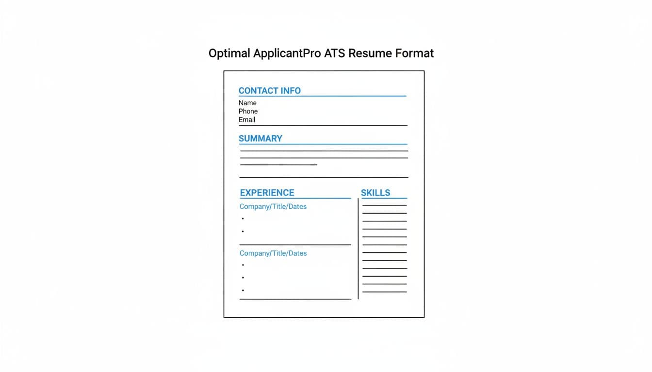 Hand-drawn illustration in blacks and blues on white background showing a clean ATS-friendly resume layout example with standard sections like contact info, summary, experience, and skills.