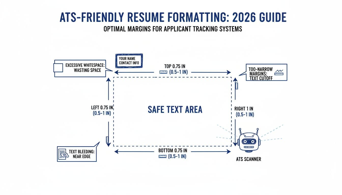 Hand-drawn sketch-style infographic showing optimal letter-size resume margins for ATS compatibility, with safe text area, header, and callouts for common mistakes like narrow margins.