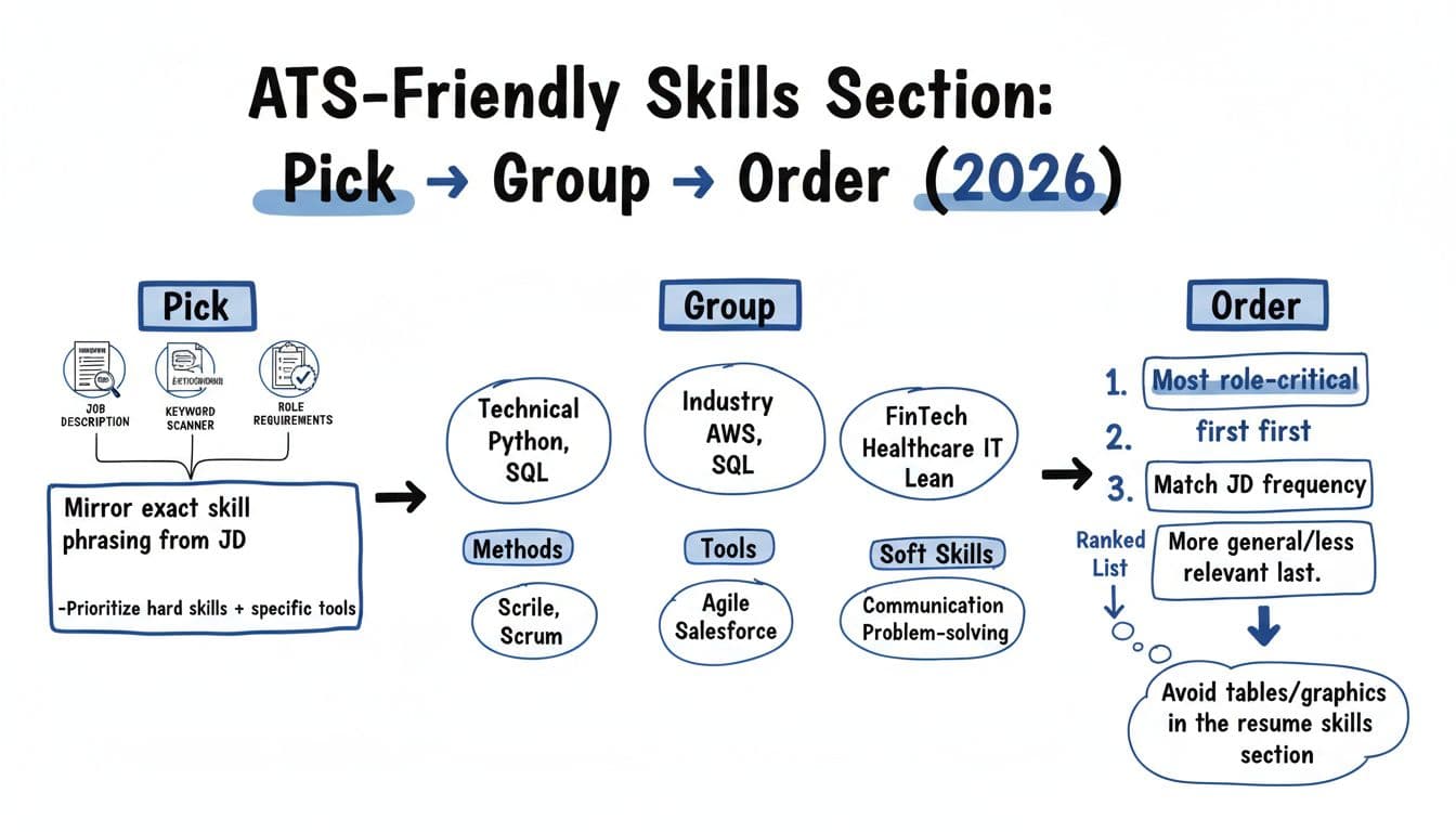 Hand-drawn minimal infographic flowchart illustrating the step-by-step process for creating an ATS-friendly resume skills section: Pick relevant skills from the job description, Group them into categories, and Order by priority.
