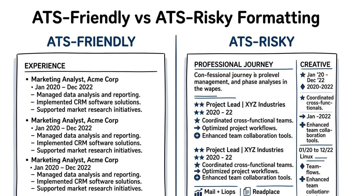 Hand-drawn two-column comparison chart showing safe ATS-friendly resume formatting on the left (single column, standard bullets, headings, dates) versus risky formatting on the right (multi-column, symbols, creative headings, mixed dates). Clean black and deep blue linework on white background in modern editorial style with generic resume snippets.