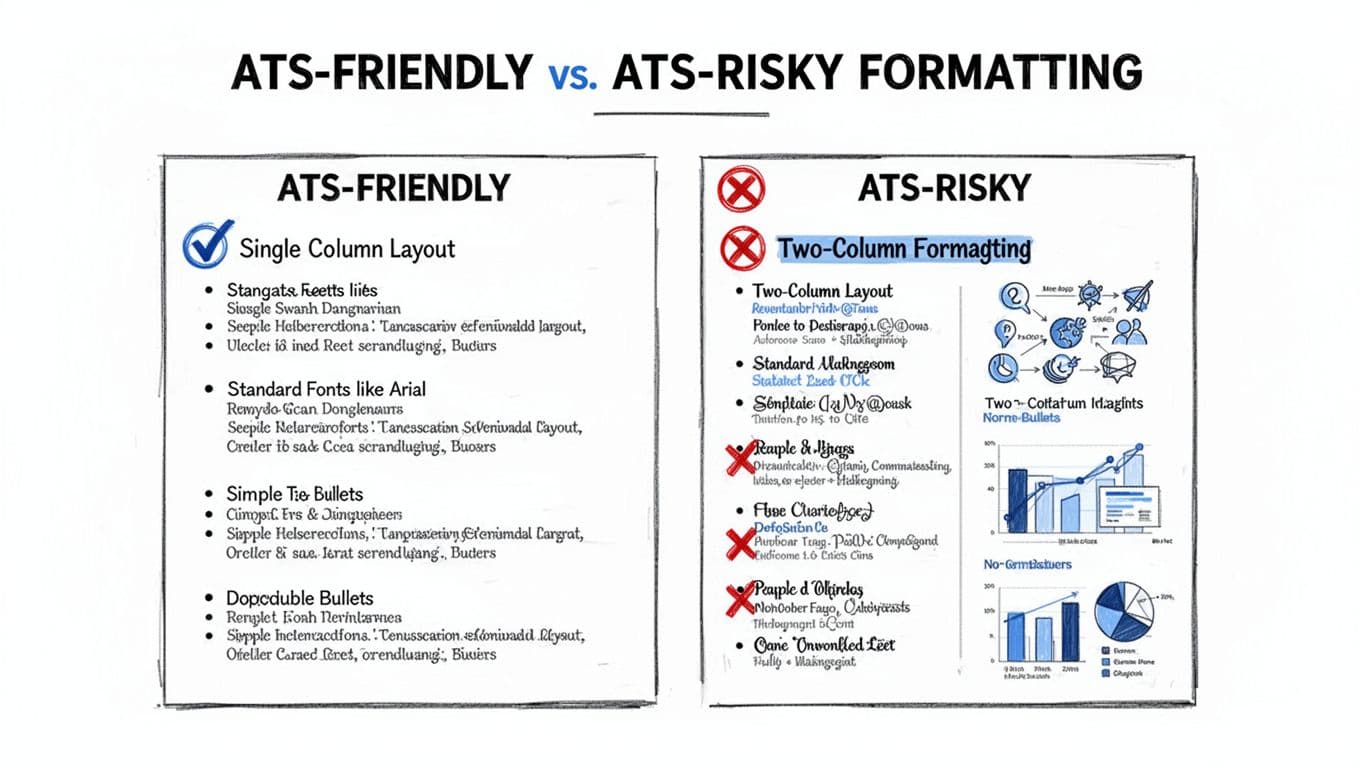 Hand-drawn black ink linework with blue accents on white background, featuring a split-panel comparison infographic of ATS-friendly (single column, standard fonts, simple bullets) versus ATS-risky (multi-column, decorative fonts, icon bullets, graphics) resume formatting with simplified snippets.