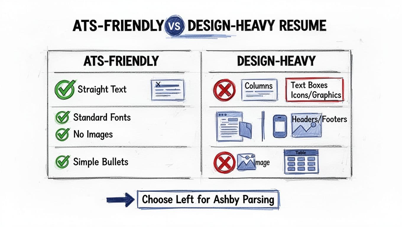 Hand-drawn black ink linework illustration with deep-blue accents on white background, featuring a clean two-column infographic table comparing ATS-friendly and design-heavy resumes using green check and red X icons. Modern minimal high-contrast style advises choosing ATS-friendly for optimal Ashby parsing.