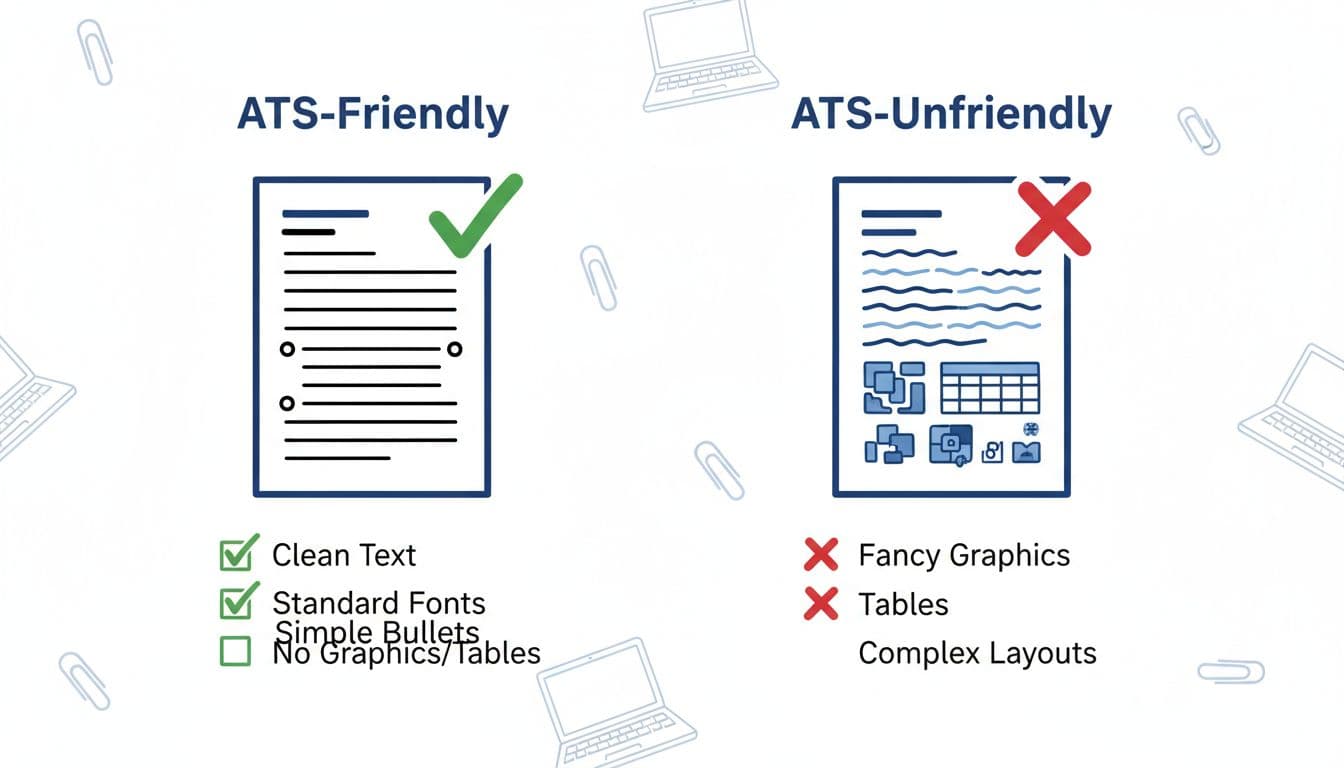 Hand-drawn side-by-side comparison infographic contrasting clean, ATS-friendly resume formatting (standard fonts, simple bullets, no images) with ATS-unfriendly elements (graphics, tables, colors, complex layouts) on a white background.