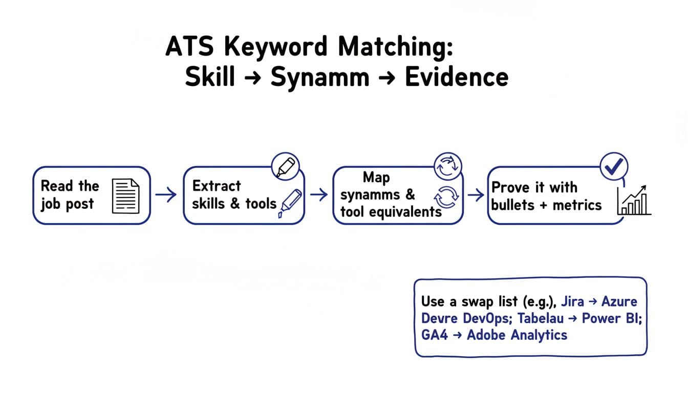 Hand-drawn infographic in clean sketch style featuring a 4-step flowchart for ATS keyword matching: scan Job Description, extract high-priority Resume Keywords, map synonyms, and prove with evidence, including tool synonym examples.
