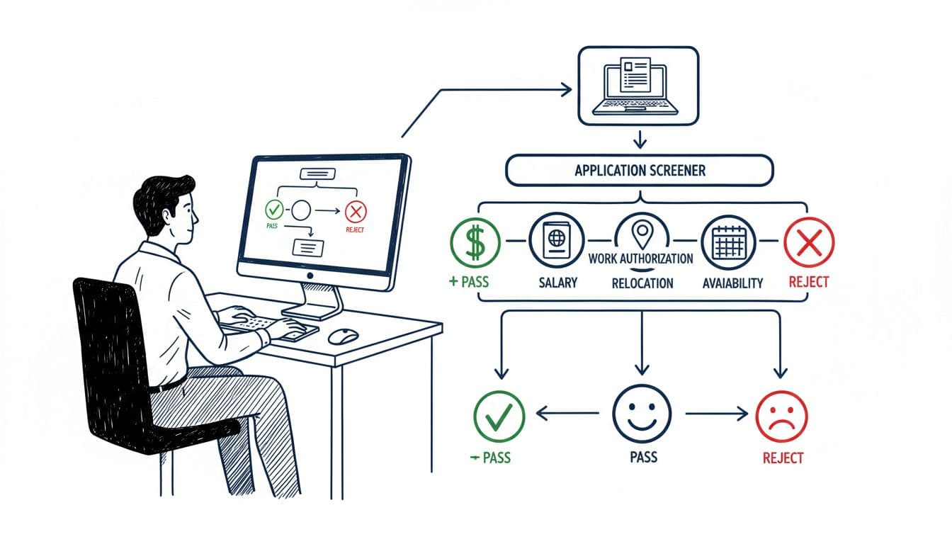 Hand-drawn flowchart on a white background illustrating ATS knockout questions for job applications, with icons for salary, work authorization, relocation, and availability branching to pass or reject outcomes, viewed by a professional at a desk.
