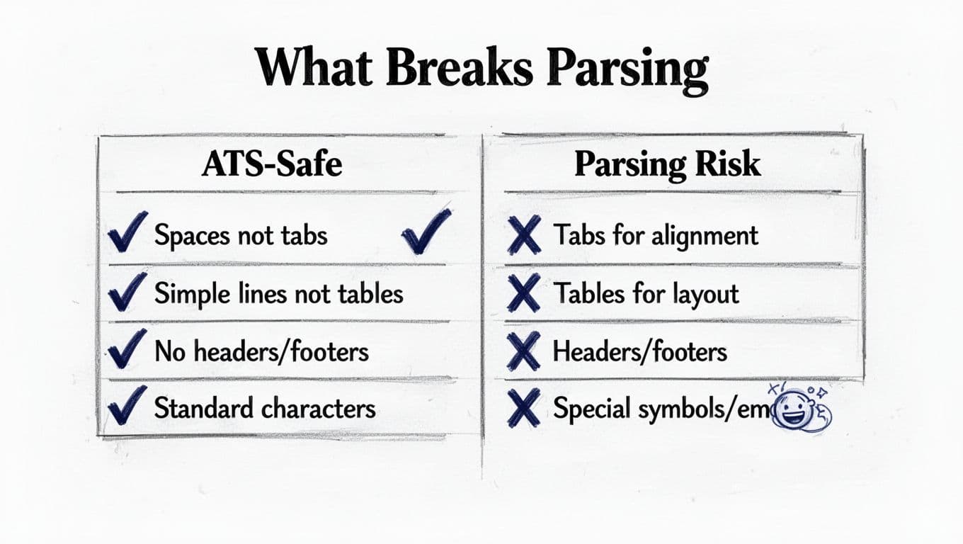 Hand-drawn black ink linework illustration with deep blue accents on white background, featuring a two-column comparison checklist: 'ATS-Safe' practices with checkmarks versus 'Parsing Risk' issues with X marks.
