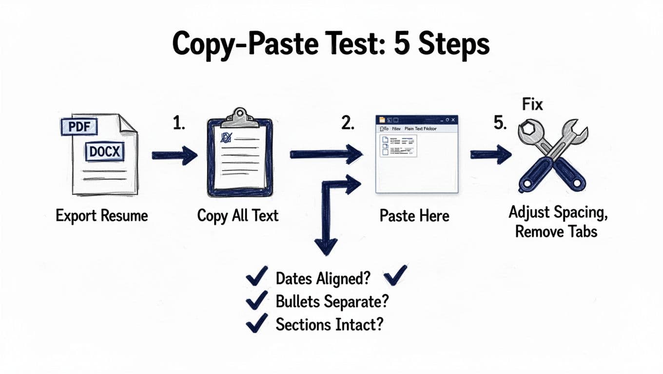 Hand-drawn black ink infographic with deep blue accents on white background, featuring a vertical 5-step flowchart for testing ATS resume parsing: export, copy text, paste in editor, check formatting, and adjust.