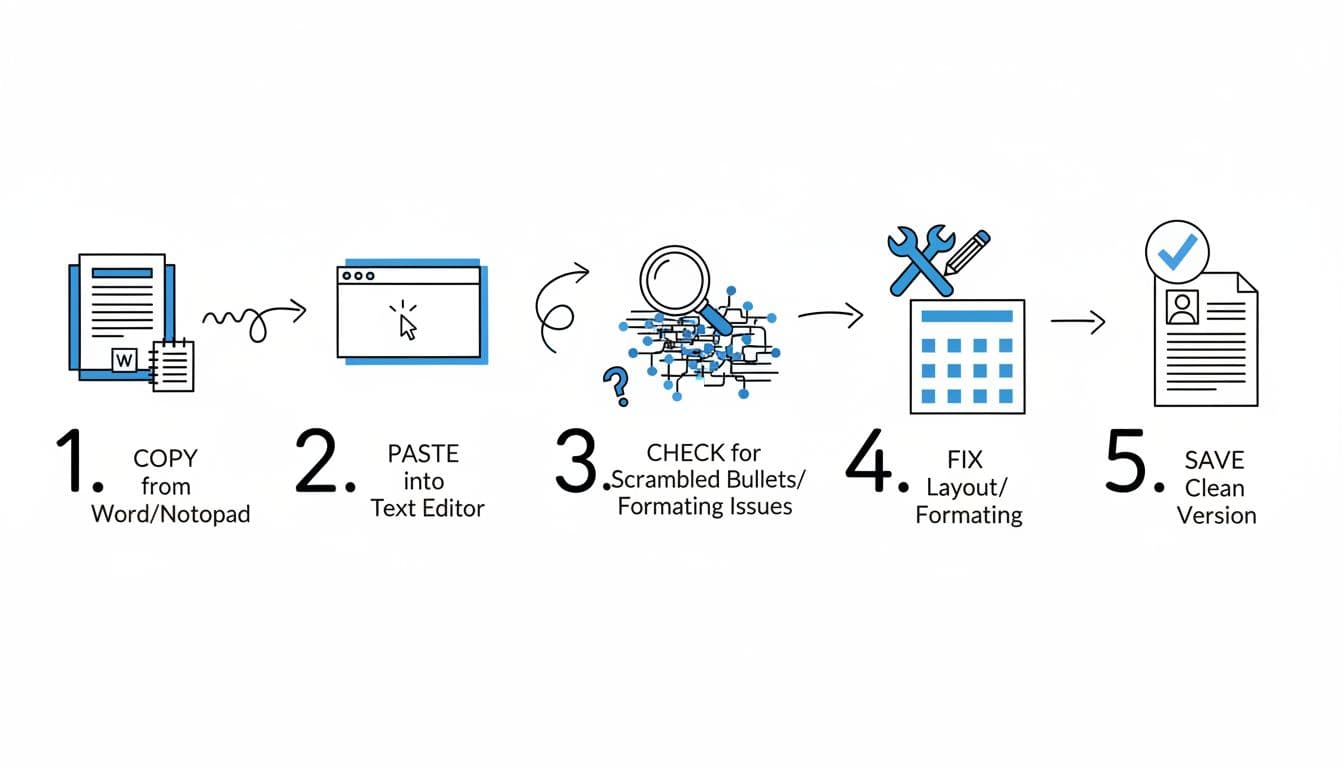 Hand-drawn infographic in blacks and blues on white background showing five numbered steps for the copy-paste test workflow to check ATS resume compatibility, including copying from Word or Notepad, pasting into a text editor, identifying issues like scrambled bullets, and fixing layout.