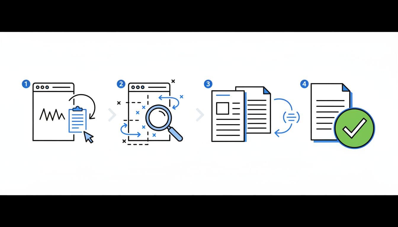 Hand-drawn infographic illustrating the step-by-step copy-paste test process for ATS resume compatibility, featuring simple icons for pasting into notepad, checking formatting, comparing to original, and a green checkmark.