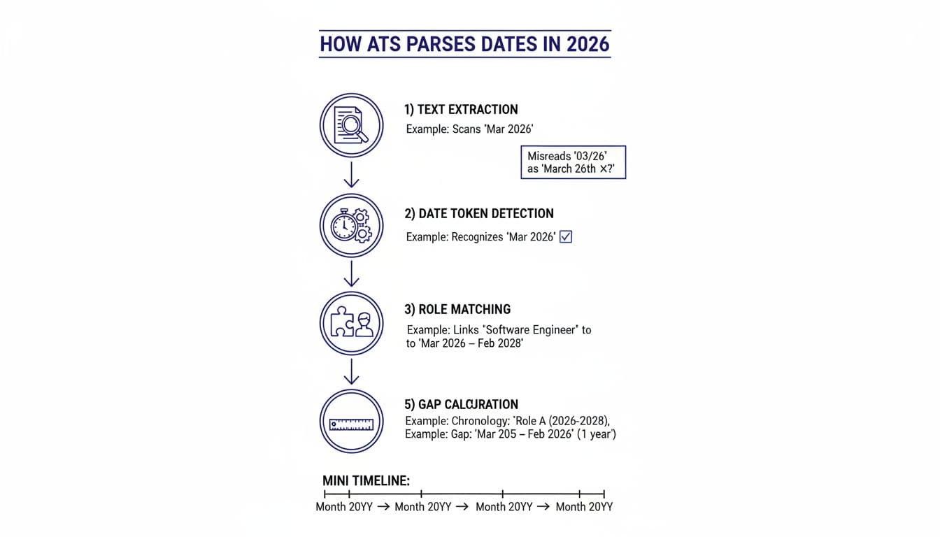 Hand-drawn line art infographic depicting the 5-step process ATS uses to parse resume dates: text extraction, date token detection, role matching, timeline building, and gap calculation, with examples and a mini timeline.
