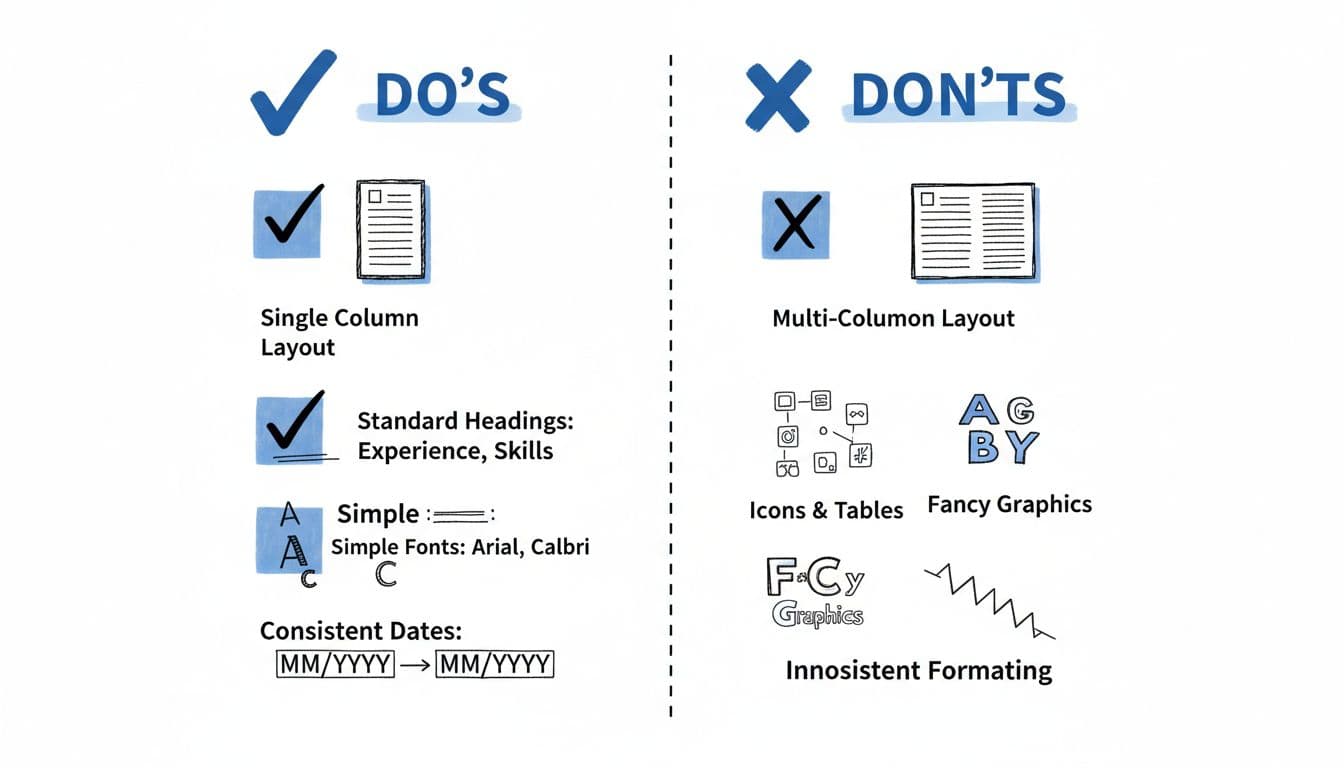 Hand-drawn illustration comparing safe ATS resume elements (single column, standard headings) on the left with unsafe ones (multi-column, icons, graphics) on the right.