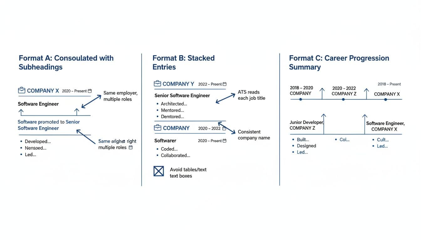 Infographic showing three ATS-safe resume promotion formats side-by-side with callouts for aligned dates and clear roles