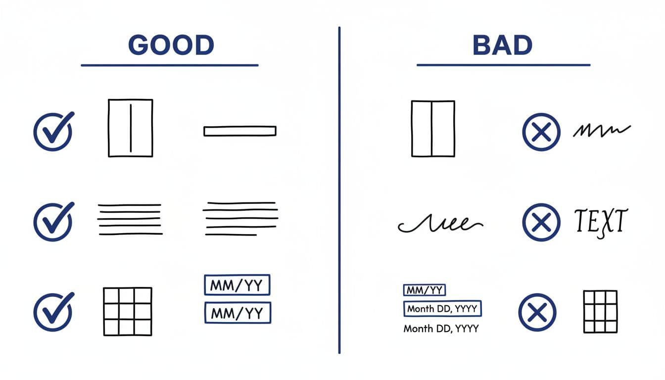 Hand-drawn infographic-style comparison of good (checkmarks) and bad (X marks) resume elements for ATS compatibility, including layouts, fonts, headings, dates, and tables, on a clean white background with crisp linework in blacks and deep blues.