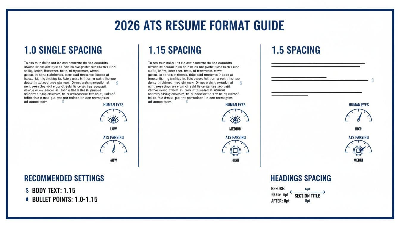 Hand-drawn infographic comparing resume paragraphs at 1.0, 1.15, and 1.5 line spacing with readability meters for humans and ATS, plus recommended formatting notes.