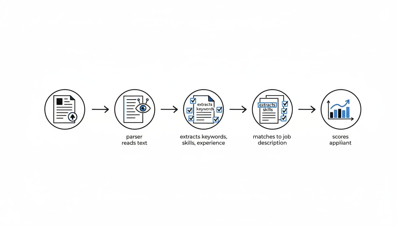 Hand-drawn illustration in blacks and blues on white background showing the ATS scan process: resume upload, text parsing, keyword extraction, job matching, and applicant scoring with simple icons and workflow arrows.