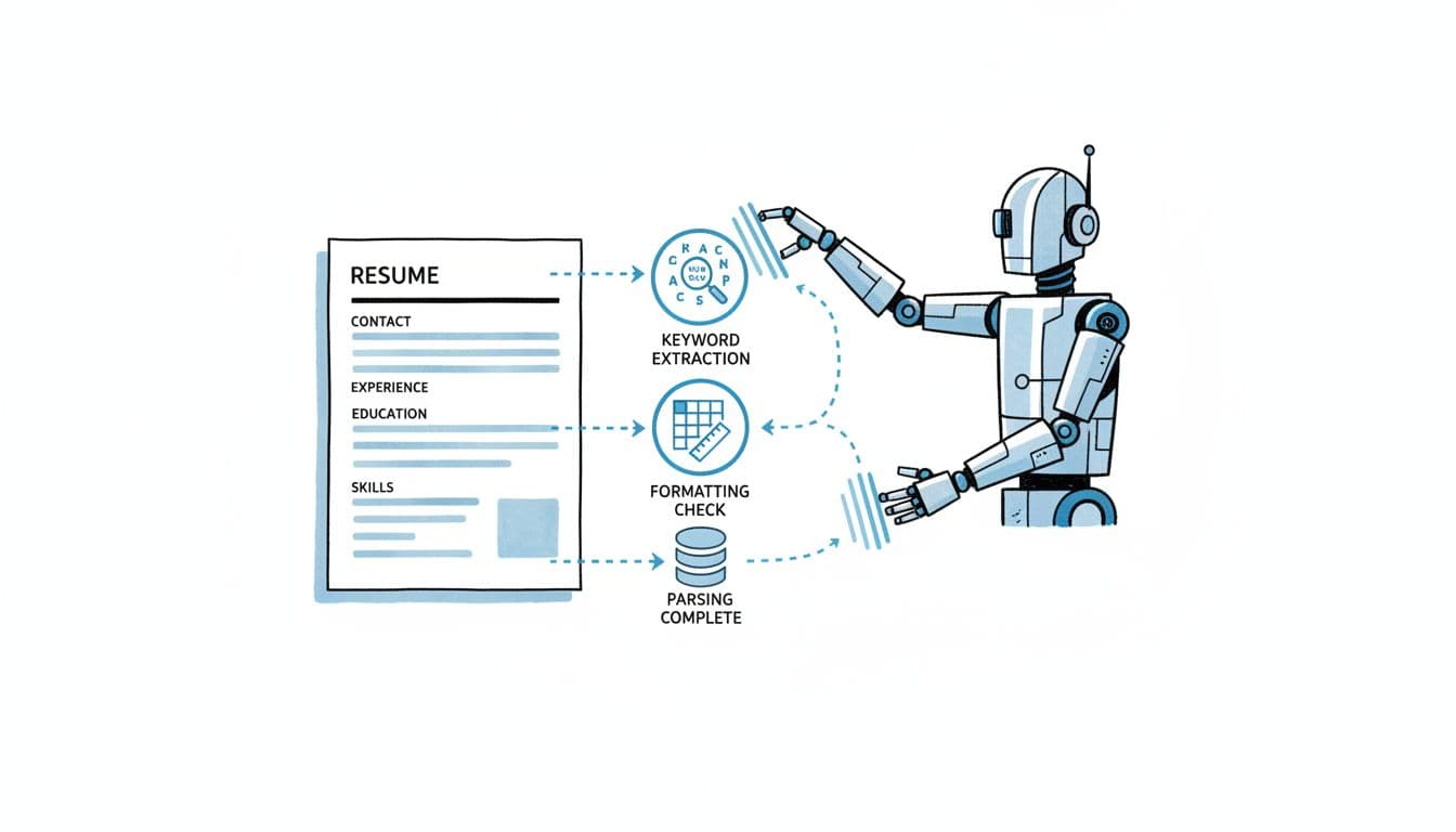Hand-drawn infographic in blacks and blues showing an ATS robot scanning a simple resume document, with arrows depicting parsing steps like keyword extraction and formatting checks.
