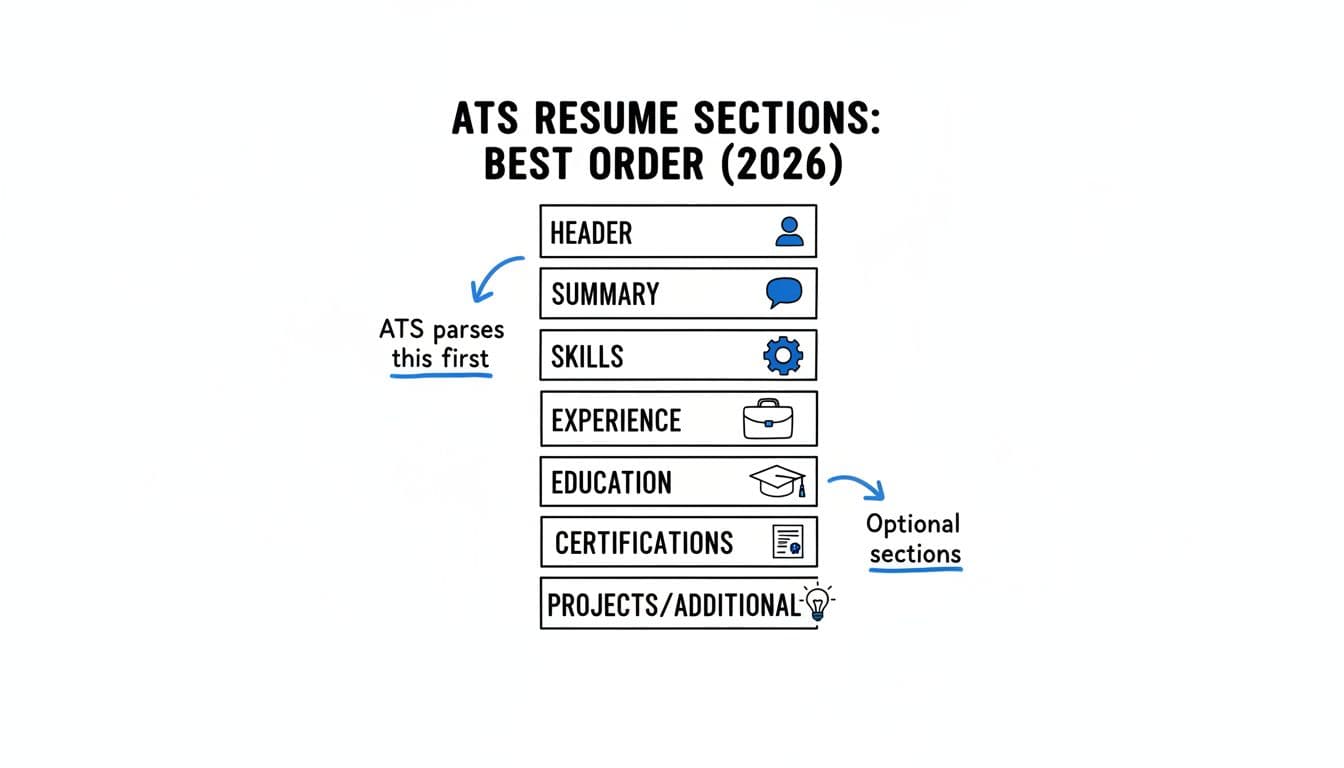 Hand-drawn illustration of a one-page infographic showing the optimal vertical order of ATS-friendly resume sections: Header, Summary, Skills, Experience, Education, Certifications, Projects/Additional, with icons, callouts, and minimal blue accents on white background.