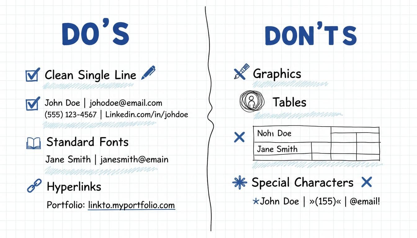 Hand-drawn infographic in blacks and blues on white background, depicting ATS-safe do's (clean single line, standard fonts, hyperlinks) and don'ts (graphics, tables, special characters) for resume contact section, with example headers and subtle icons.