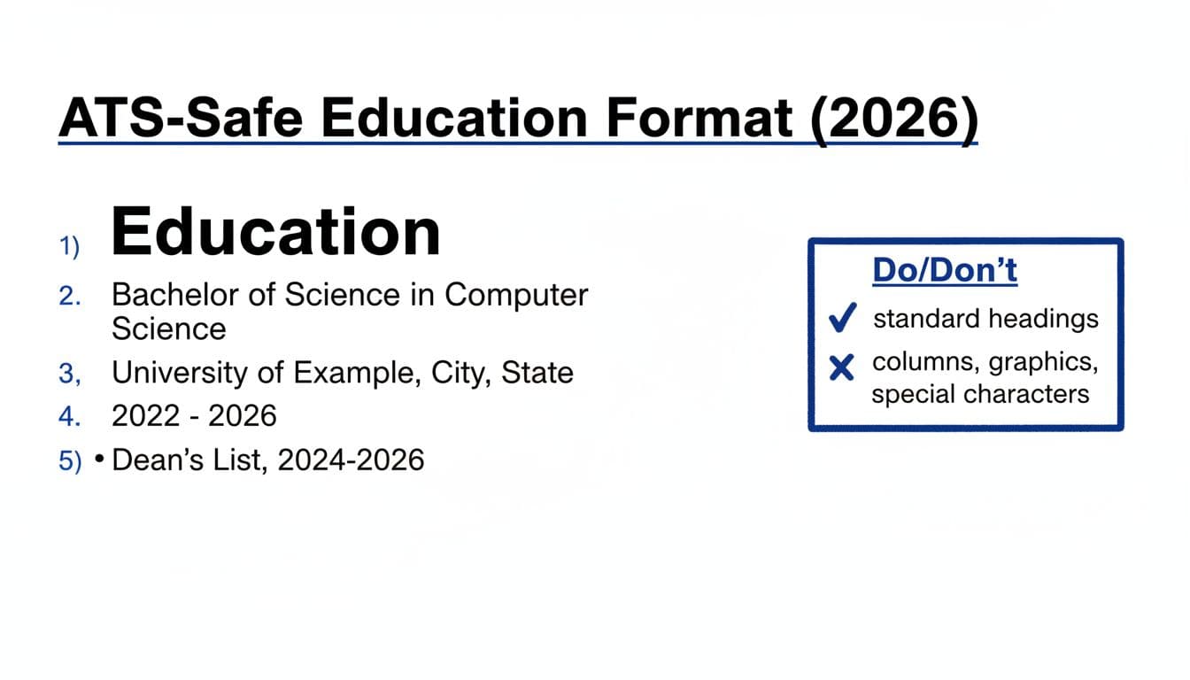 Hand-drawn infographic illustrating an ATS-safe education section for resumes, featuring a step-by-step layout with degree details, university, dates, achievements, and Do/Don't tips on formatting.