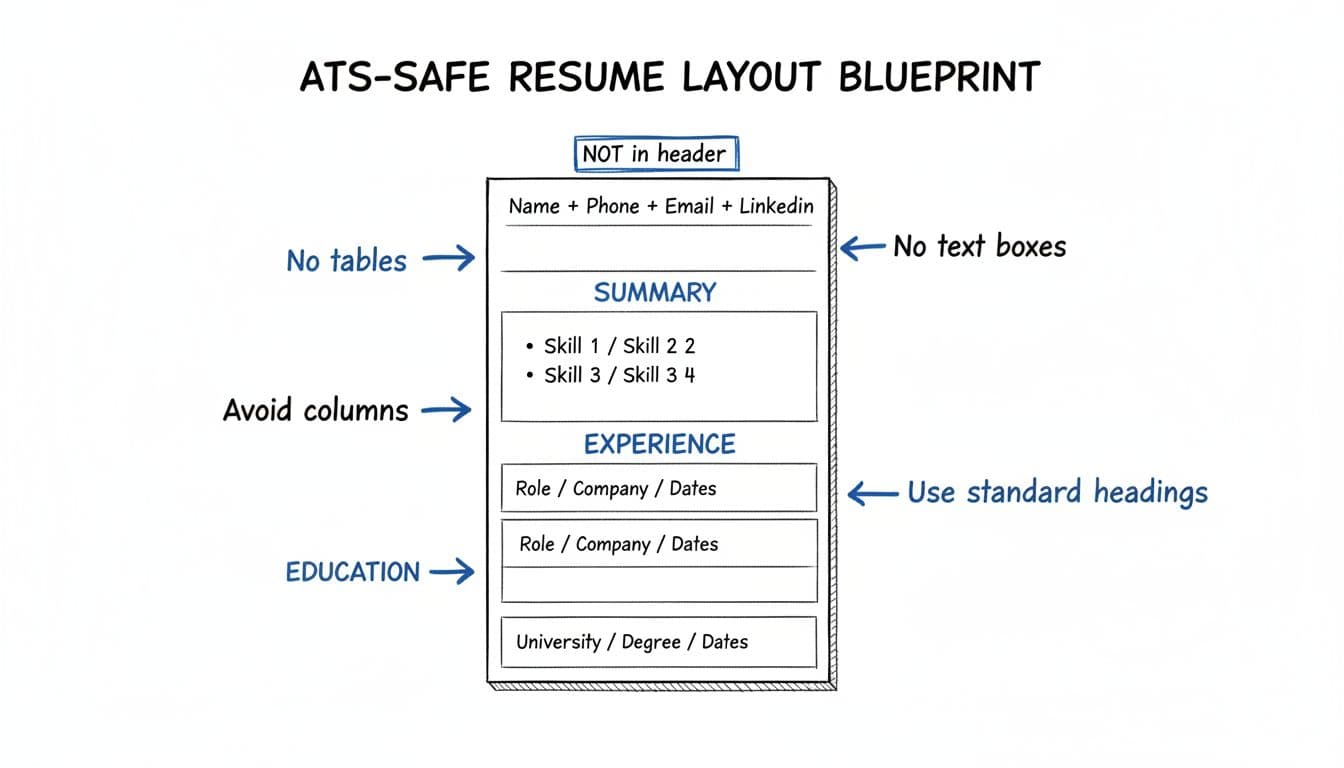 Hand-drawn illustration process diagram showing a single-column ATS-safe resume wireframe with labeled sections like contact info, summary, skills, experience, and education, plus callouts warning against tables, text boxes, and columns.