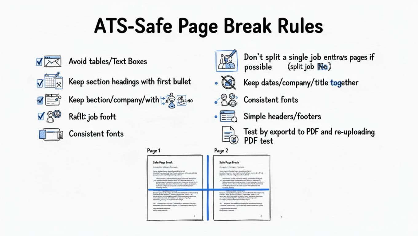 Hand-drawn black and blue ink infographic checklist poster on white background detailing do's and don'ts for ATS-friendly resume page breaks, with simple icons, typography rules, and a bottom mini mockup of safe page breaks across two landscape pages.