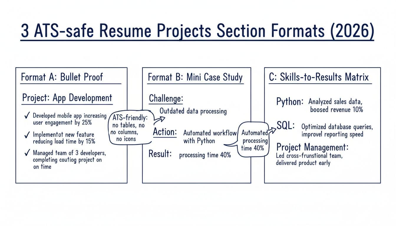Hand-drawn infographic in black and deep blue ink on white background, showcasing three ATS-safe resume projects section formats: Bullet proof bullets, Mini case study, and Skills-to-results matrix, with callouts for ATS-friendly features.