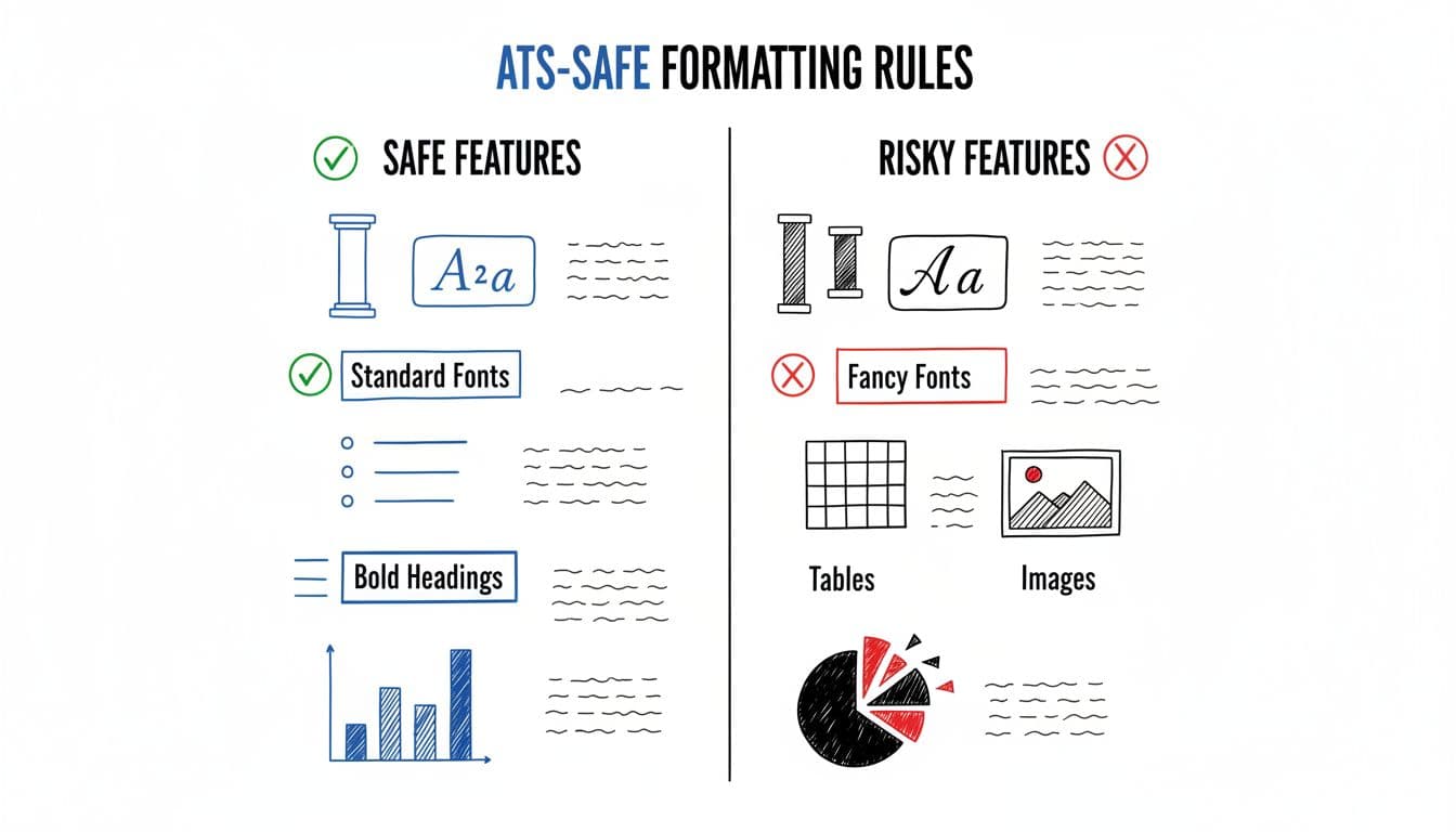 Hand-drawn two-column infographic in black and blue ink on white background, comparing safe resume formatting features (left, green checks) like single column and standard fonts against risky ones (right, red X's) like multi-column and fancy fonts, designed for ATS parsing such as Jobvite.
