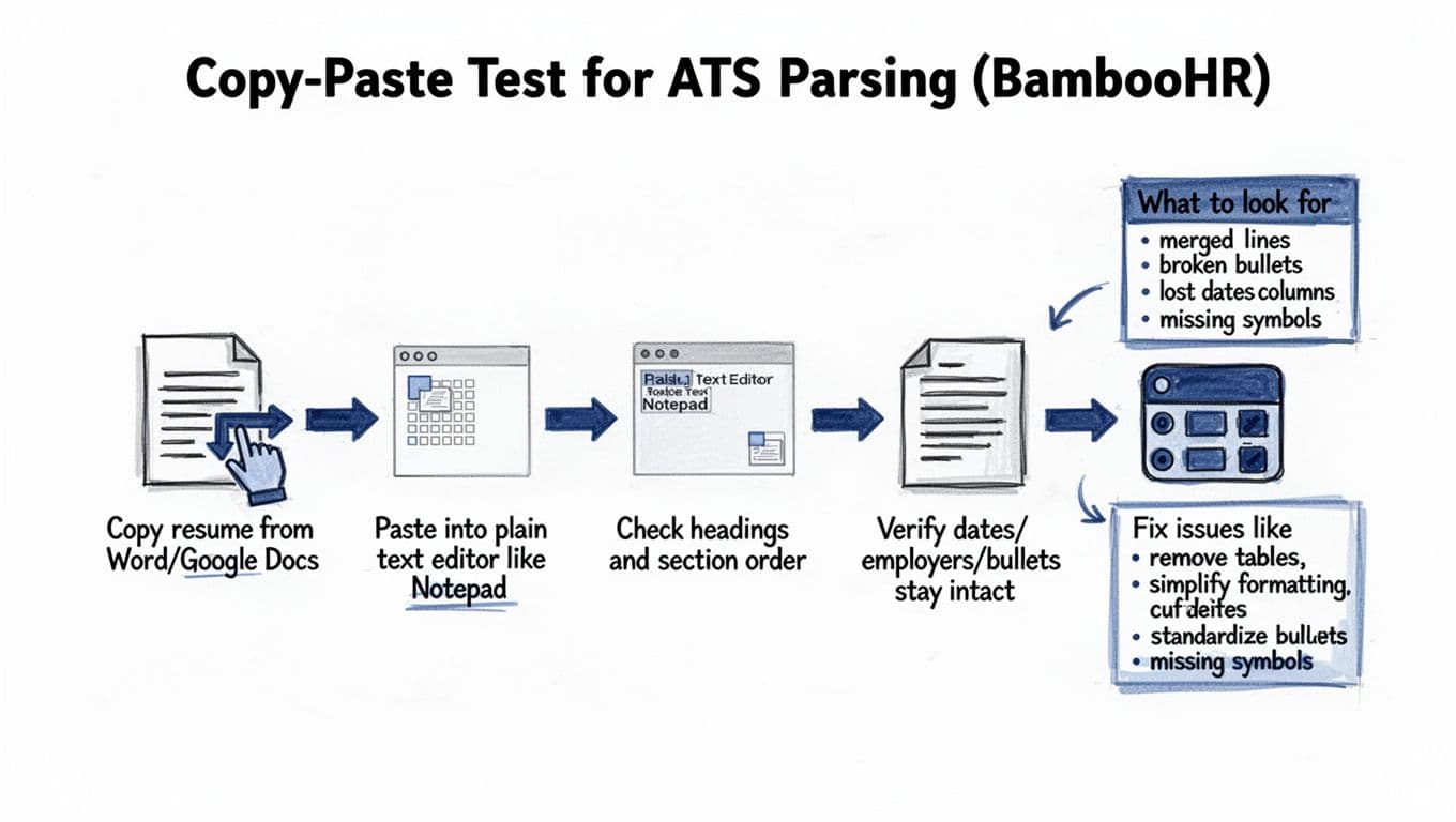 Hand-drawn ink pen and marker wash style infographic with a step-by-step flow diagram demonstrating a 5-step copy-paste test for resume compatibility in BambooHR ATS. Includes icons, blue-accented arrows, crisp labels, negative space, and a 'What to look for' callout listing common parsing issues.