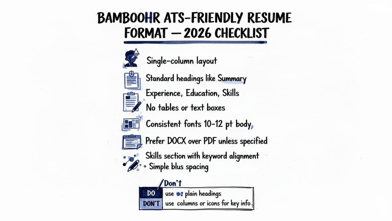 Hand-drawn ink pen and marker wash style vertical infographic with checklist items and icons for creating an ATS-friendly resume compatible with BambooHR in 2026.