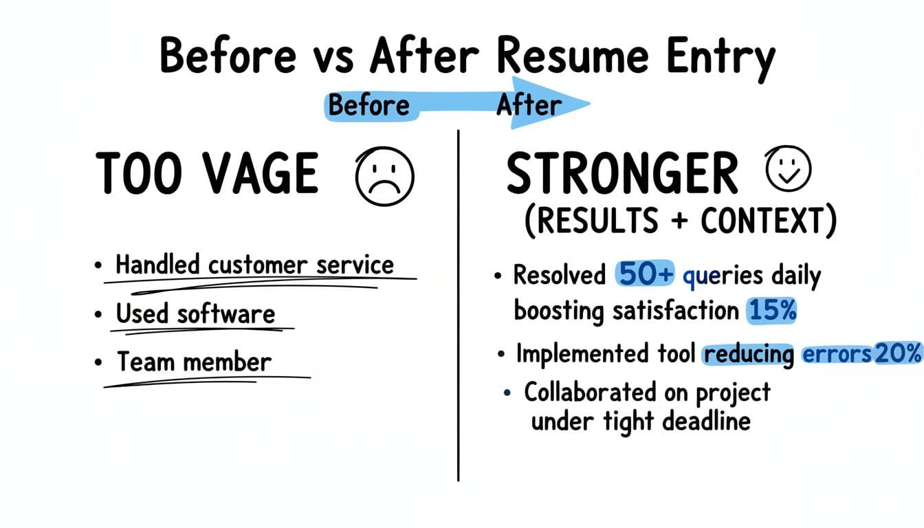 Hand-drawn split infographic comparing vague 'Too Vague' resume bullets to stronger 'Results + Context' versions for short-term jobs, using black ink linework with blue metric highlights on white background.
