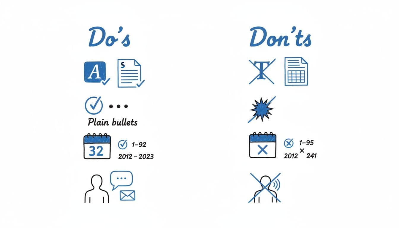 Hand-drawn black and blue illustration on white background featuring a simple infographic checklist of do's and don'ts for BrassRing ATS resume formatting, including icons for standard fonts like Arial, single-column layout, no tables, consistent dates, plain bullets, and contact info in body.