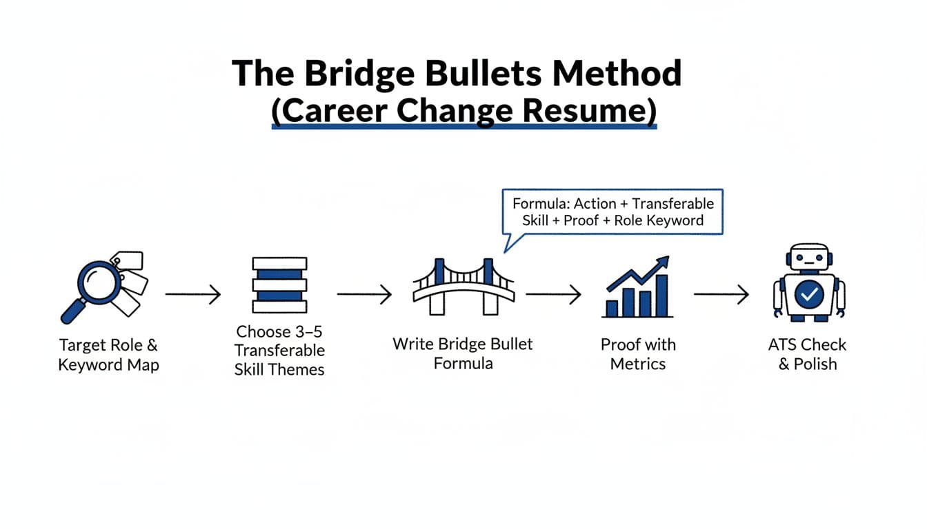 Minimal line art infographic outlining the 5-step Bridge Bullets Method for career change resumes, featuring icons for keyword mapping, skill themes, bridge formula, metrics proof, and ATS check.