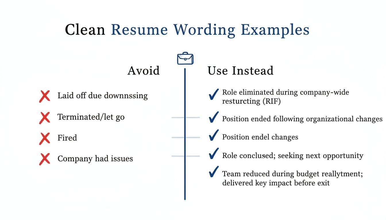 Hand-drawn side-by-side infographic in black and deep blue ink comparing resume phrases to avoid (like 'fired' or 'laid off') with professional alternatives for layoffs and terminations.