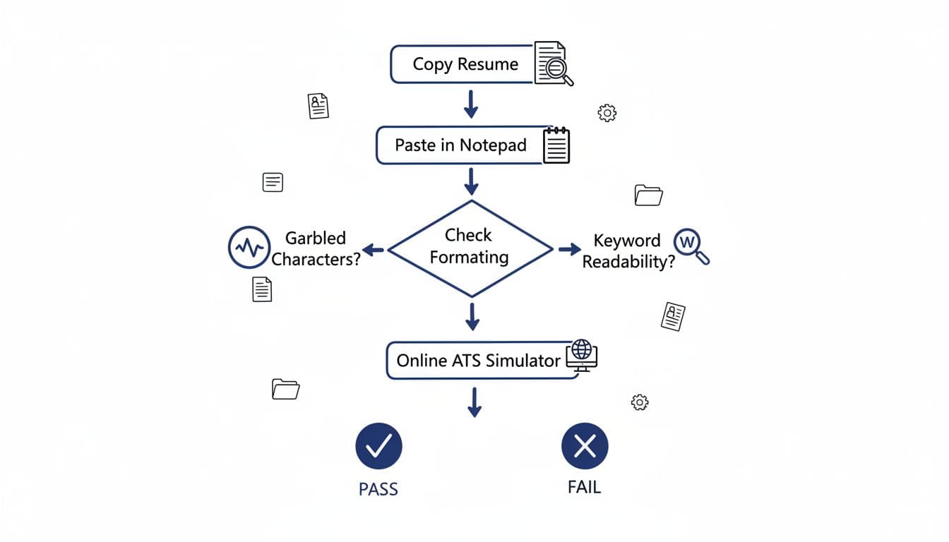 Hand-drawn infographic flowchart illustrating the step-by-step ClearCompany ATS copy-paste test: copy full resume text, paste into Notepad, review for garbled characters, check keyword readability, and simulate ATS if available.