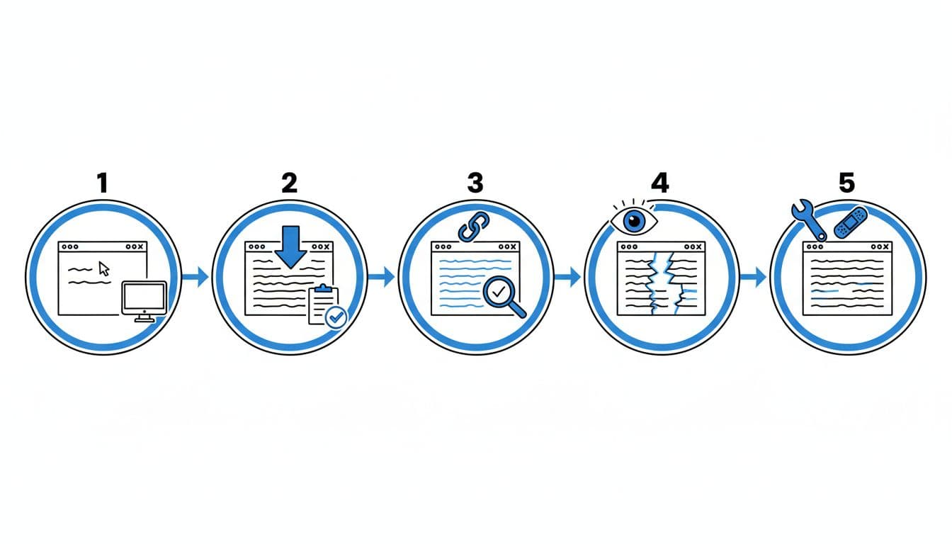 Hand-drawn step-by-step infographic in blacks and blues on white background, illustrating 5 numbered icons for the copy-paste resume test: open text editor, paste resume, check order, scan breaks, fix issues, connected by arrows.