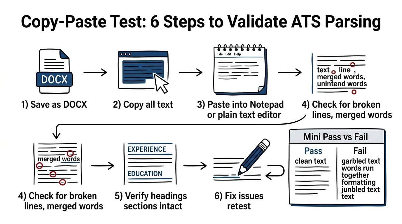 Hand-drawn illustration of a process diagram outlining the 6-step copy-paste test to validate ATS parsing. Clean linework in black and deep blue on white background, featuring top-to-bottom numbered steps with arrows and a mini pass vs. fail panel.